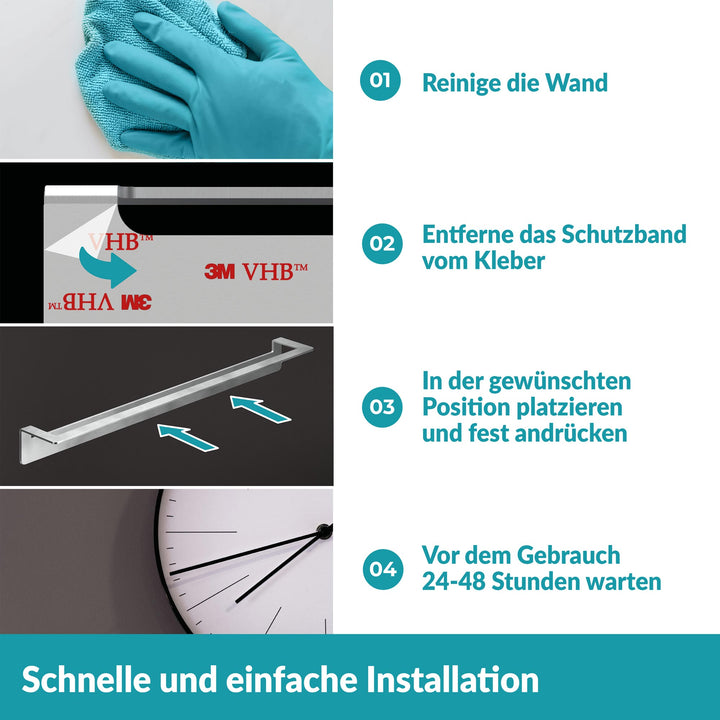 Handtuchstange ohne Bohren - 60 cm - rostfreier Edelstahl - Silber