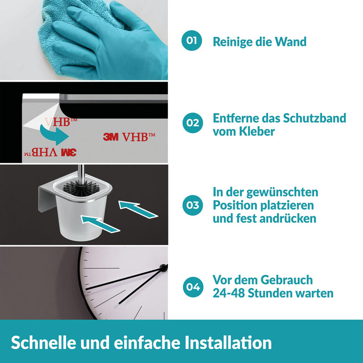 Toilettenbürstenhalter selbstklebend - Mit Toilettenbürste - Ohne Bohren - Edelstahl & Glas