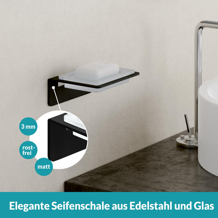 Schwarze Seifenschale und Halter zur Wandmontage - Ohne Bohren - Edelstahl