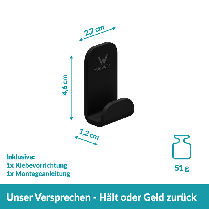 Handtuchhaken schwarz - 1 Haken - Edelstahl - ohne Bohren
