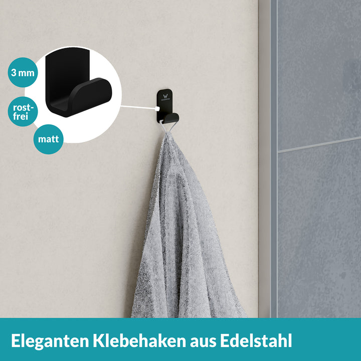 Handtuchhaken Set schwarz - 3  Edelstahl Haken - ohne Bohren